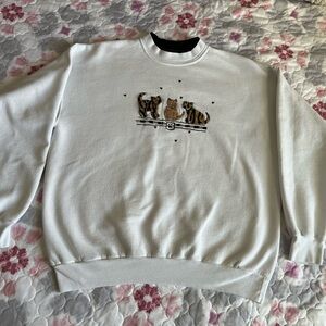 Vintage Top Stitch White Sweatshirt with Velour Cats Design Embroidered Paws Lg